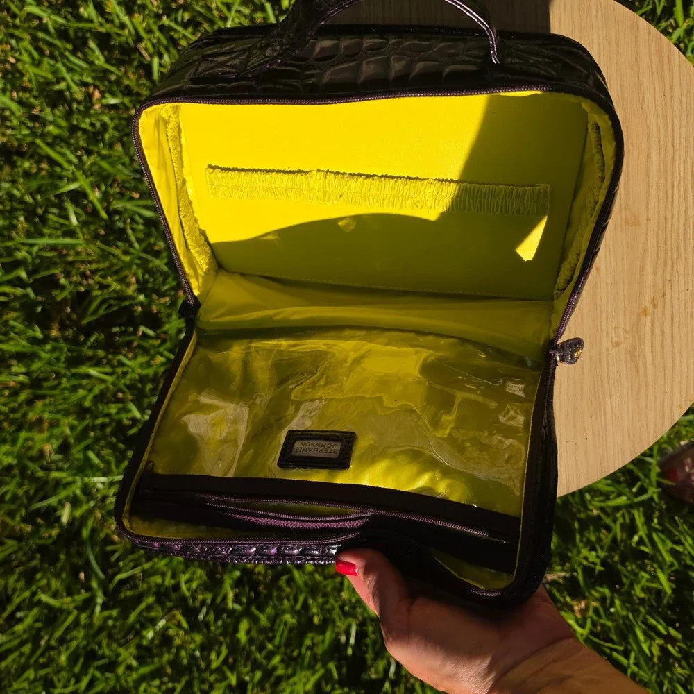 Stephanie Johnson Purple Croc Embossed Cosmetic Case Neon Yellow Interior Travel